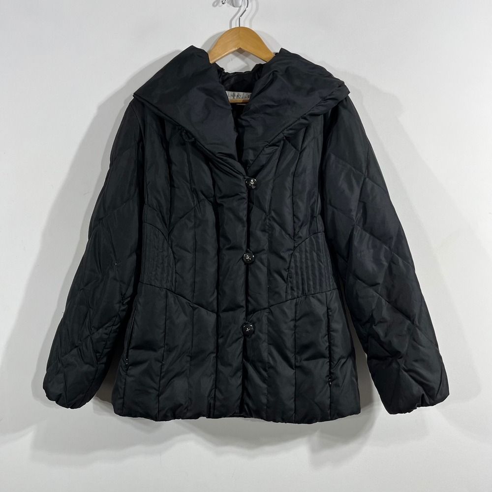 Larry Levine Gorpcore Down Puffer Black Quilted Shawl Collar Coat Womens Medium